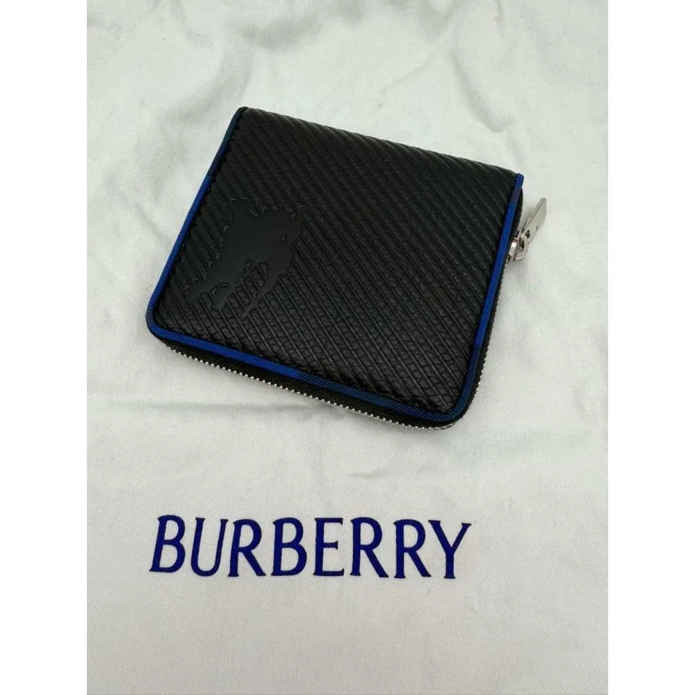 Burberry‎ Black Leather Zip Around Bifold Wallet Blue Trim Coin Pocket New